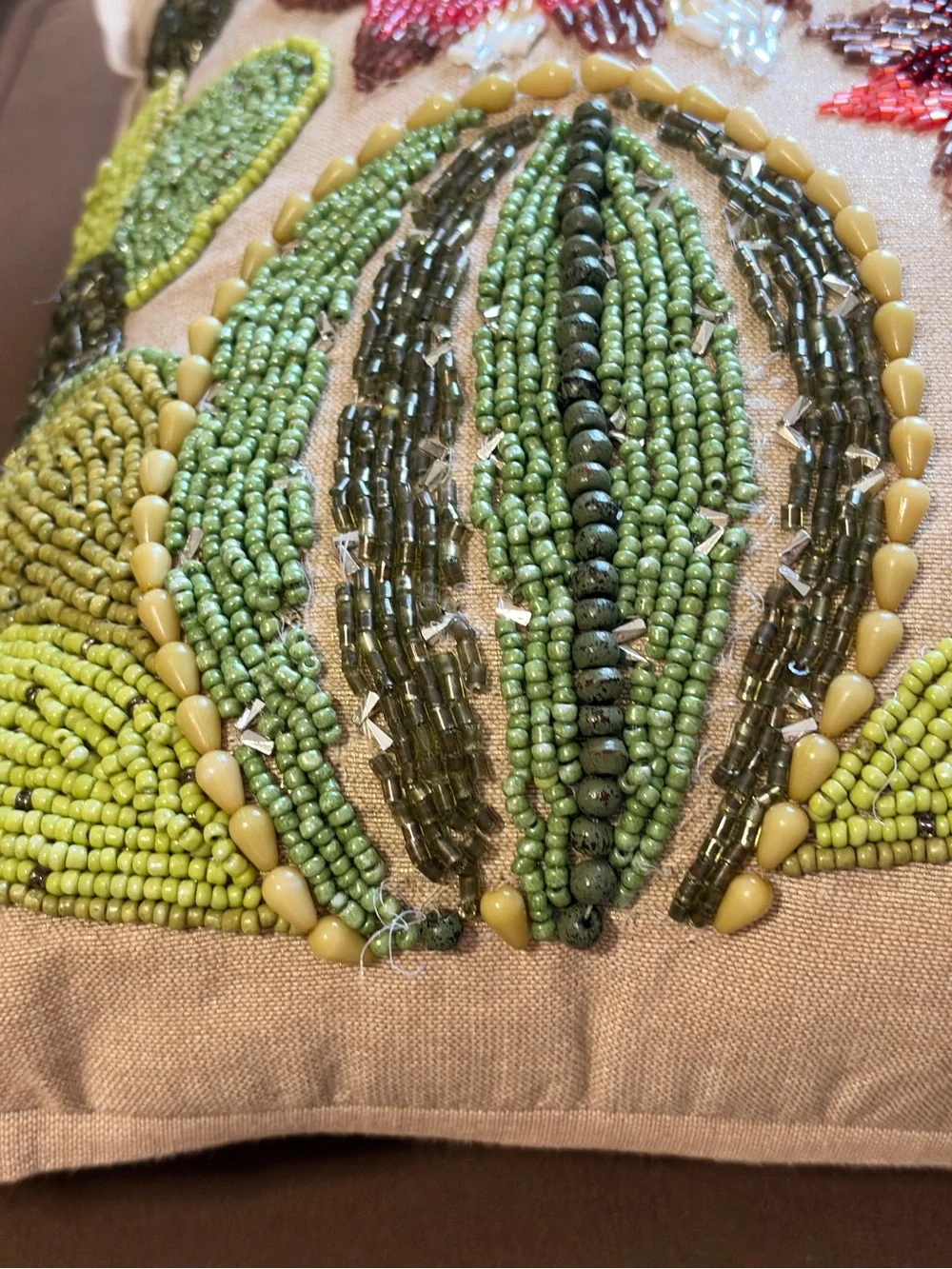PIER 1 Beaded Cactus Floral Decorative Pillow - Tan Background  12